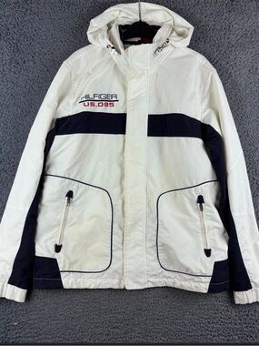 Tommy Hilfiger Vintage Hooded Rain Jacket Windbreaker White Navy Size M